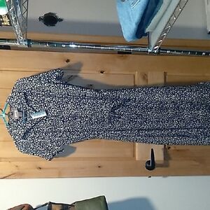 Premier International Size Large Navy Blue And White Flowered Button-up Dress